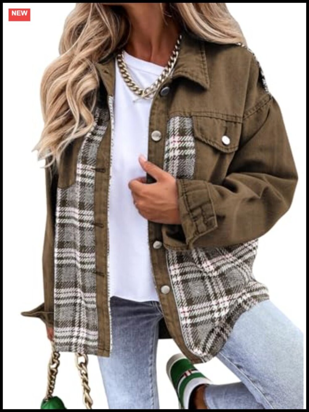 Oversized Plaid Denim Jacket Button Down Shacket Boyfriend Jean Jacket